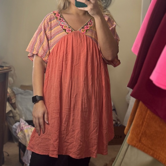 Velzera Tops - Velzera Coral and Pink Embroidered Tunic